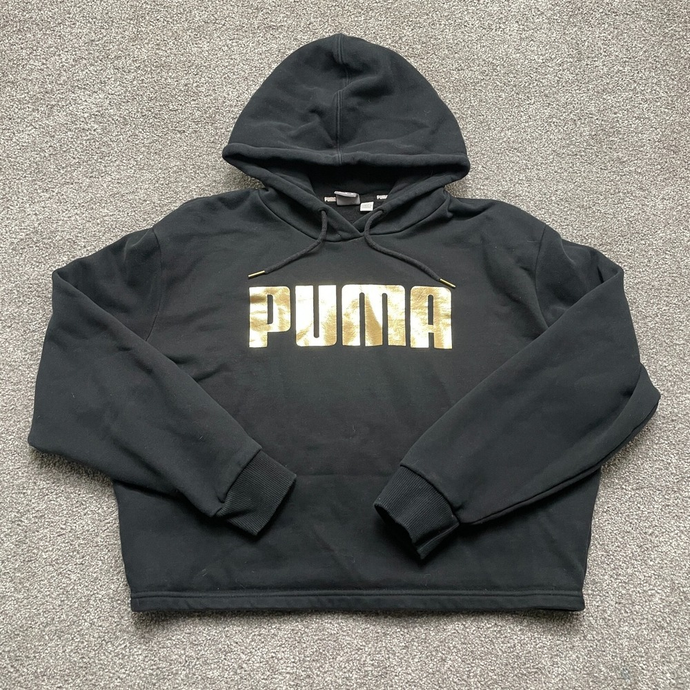 PUMA Hoodie Womens Medium Black Gold Spell Out Crop Sweatshirt Pullover Fleece